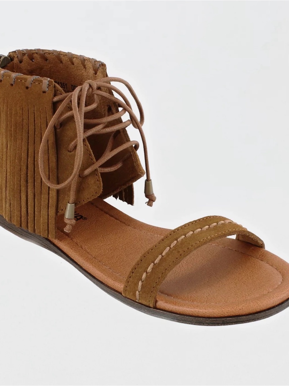 MINNETONKA 7 Havana Brown Suede Fringe Sandal Flats Lace Up Back Zip Boho Hippie